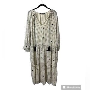 ZARA OFF WHITE MIDI POLKA DOT Boho DRESS Woman’s Size L Tassel Cream Tiers